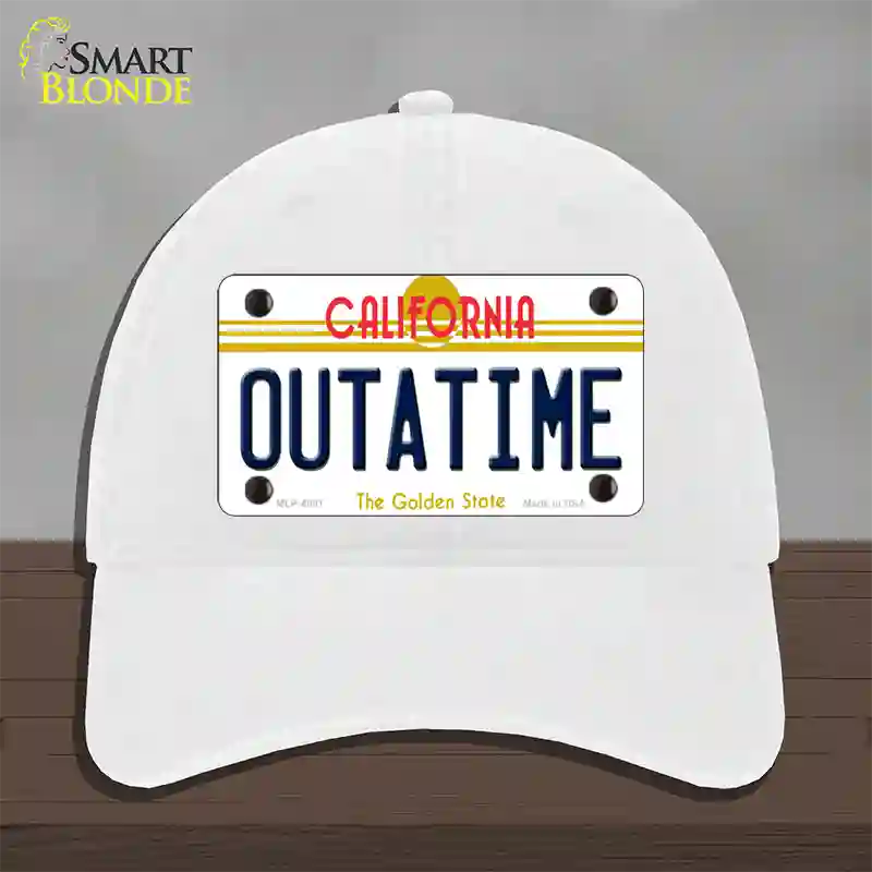 California Outtatime Novelty License Plate Hat Unconstructed Cotton / White