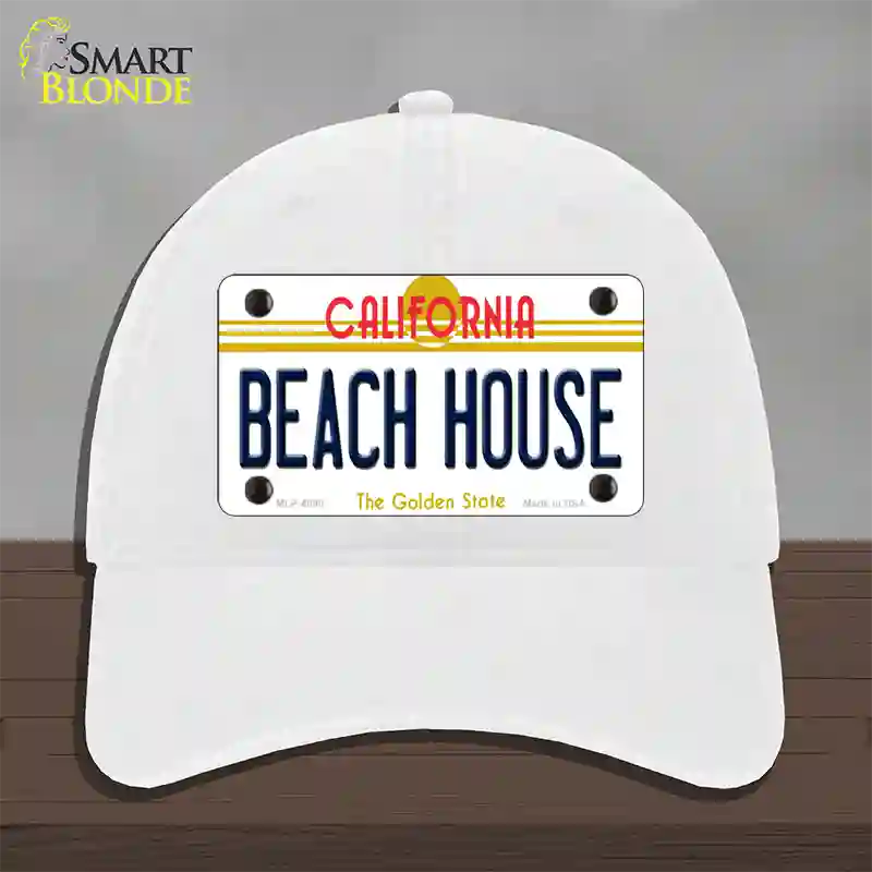 Beach House California Novelty License Plate Hat Unconstructed Cotton / White