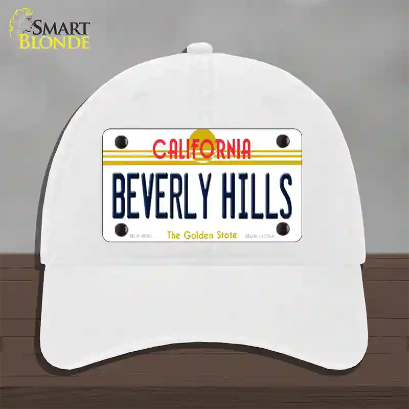 Beverly Hills California Novelty License Plate Hat Unconstructed Cotton / White