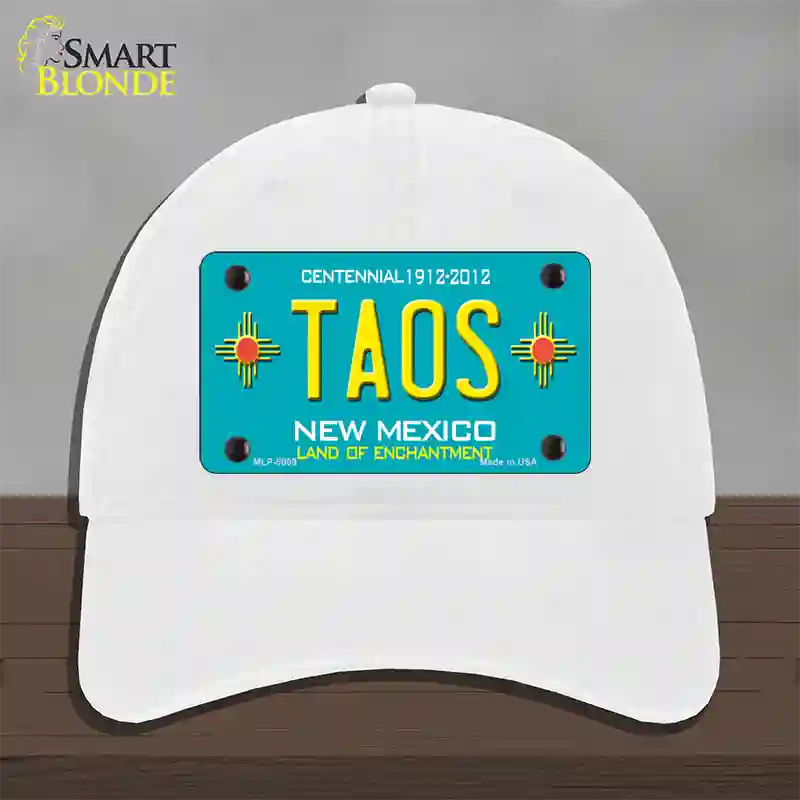 Taos Teal New Mexico Novelty License Plate Hat Unconstructed Cotton / White