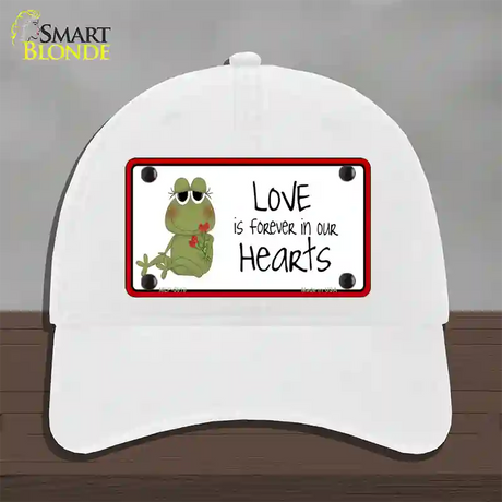 Love In Our Hearts Frog Novelty License Plate Hat Unconstructed Cotton / White