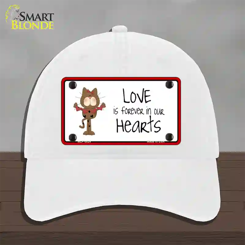 Love In Our Hearts Cat Novelty License Plate Hat Unconstructed Cotton / White