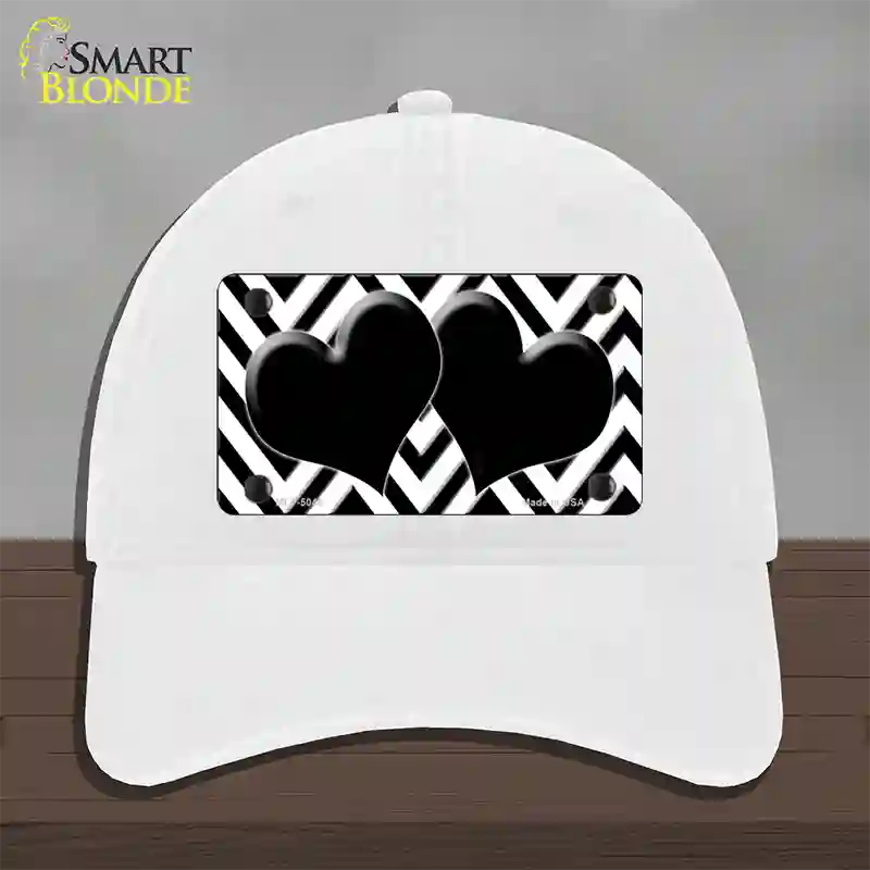 White Black Chevon Hearts Novelty License Plate Hat Unconstructed Cotton / White