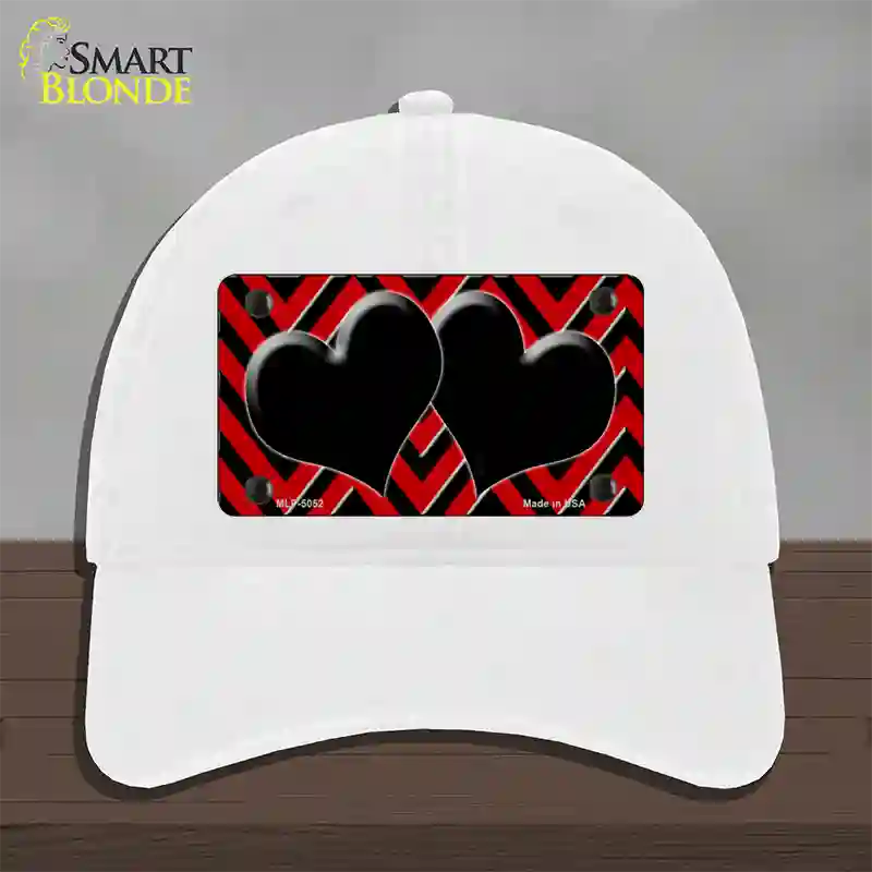 Red Black Chevon Hearts Novelty License Plate Hat Unconstructed Cotton / White