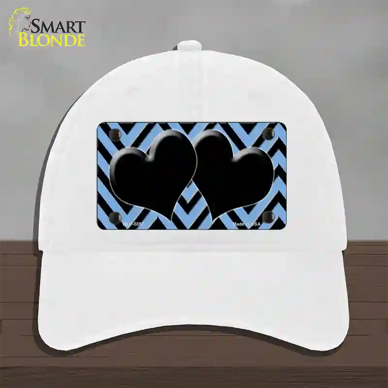 Light Blue Black Chevon Hearts Novelty License Plate Hat Unconstructed Cotton / White