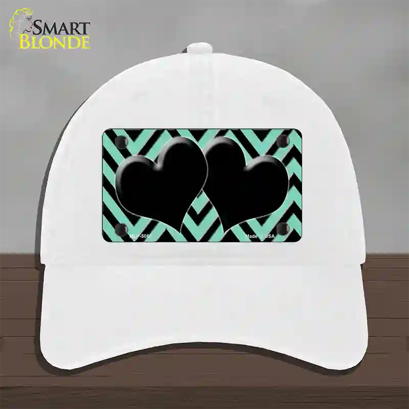 Mint Black Chevon Hearts Novelty License Plate Hat Unconstructed Cotton / White