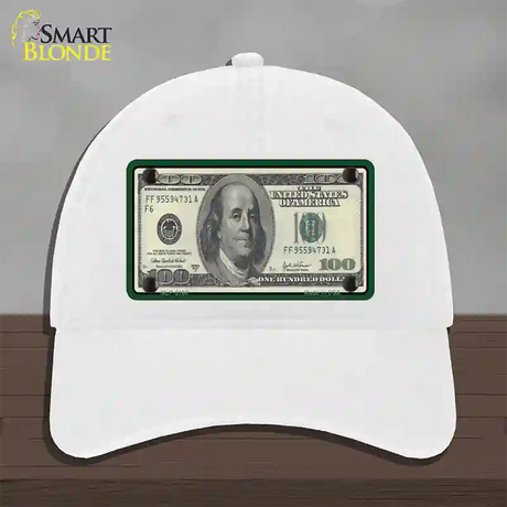 $100 Bill Novelty License Plate Hat Unconstructed Cotton / White