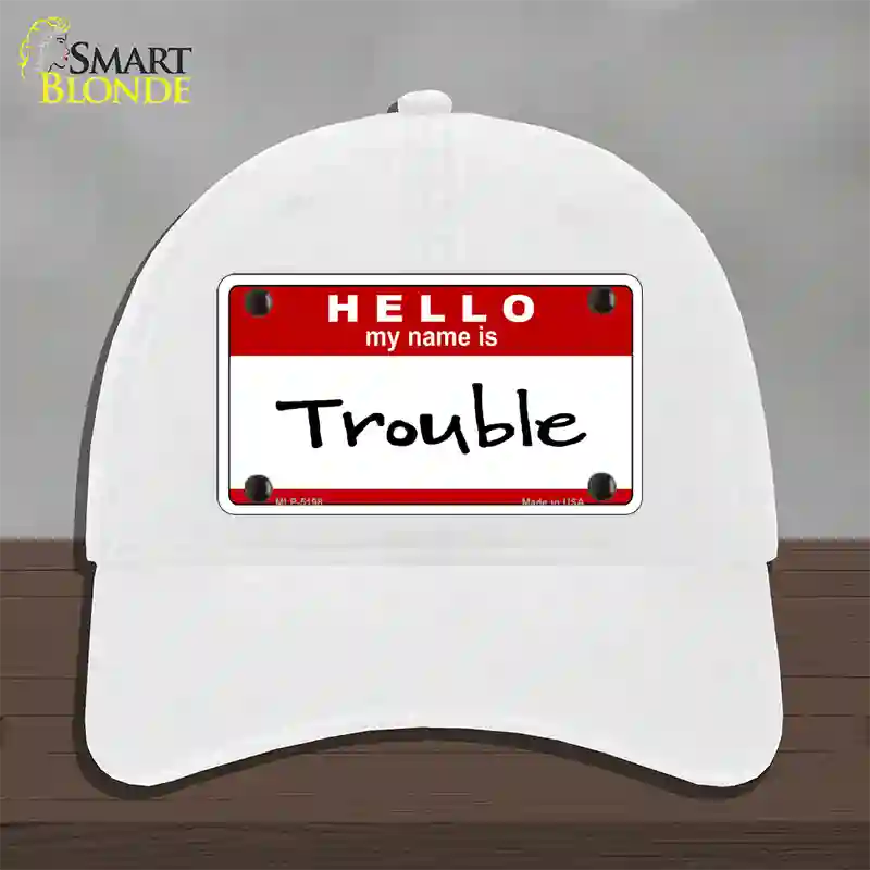 Trouble Novelty License Plate Hat Unconstructed Cotton / White