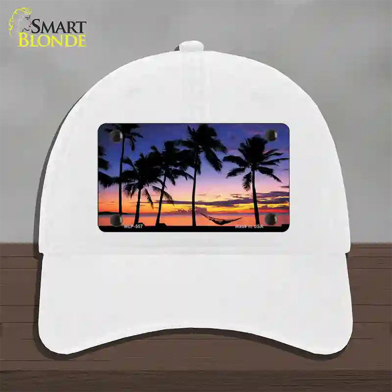 Sunset Hammock Novelty License Plate Hat Unconstructed Cotton / White