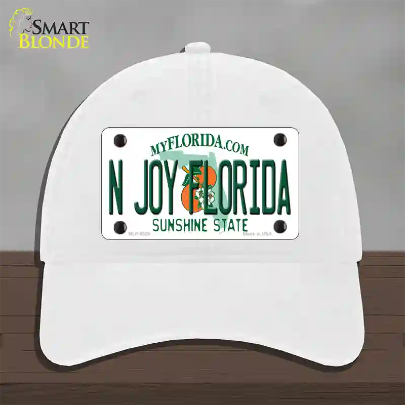 N Joy Florida Novelty License Plate Hat Unconstructed Cotton / White