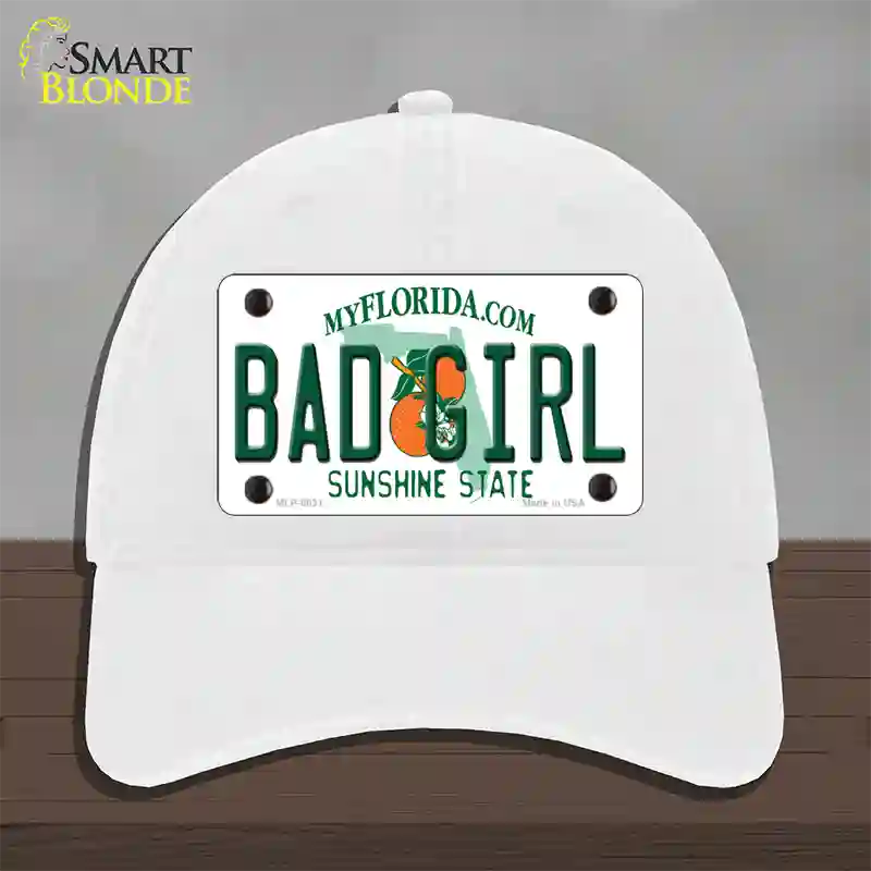 Bad Girl Florida Novelty License Plate Hat Unconstructed Cotton / White