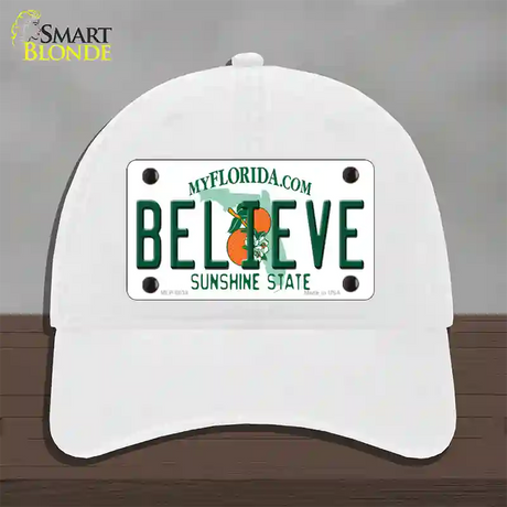 Believe Florida Novelty License Plate Hat Unconstructed Cotton / White