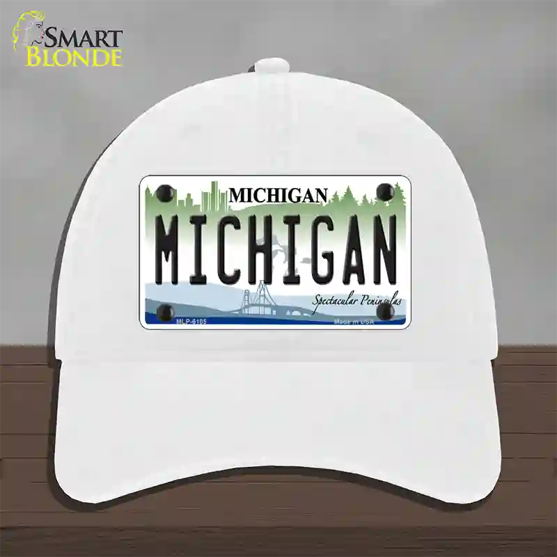 Michigan Novelty License Plate Hat Unconstructed Cotton / White