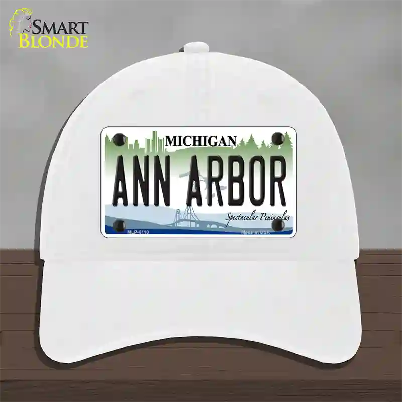 Ann Arbor Michigan Novelty License Plate Hat Unconstructed Cotton / White