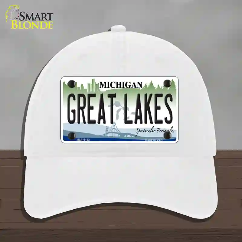 Great Lakes Michigan Novelty License Plate Hat Unconstructed Cotton / White