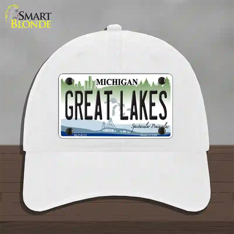 Great Lakes Michigan Novelty License Plate Hat Unconstructed Cotton / White