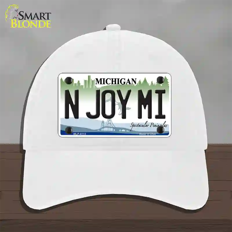 N Joy Mi Michigan Novelty License Plate Hat Unconstructed Cotton / White