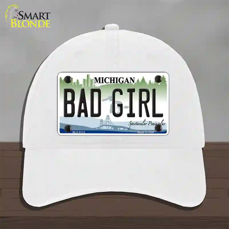 Bad Girl Michigan Novelty License Plate Hat Unconstructed Cotton / White