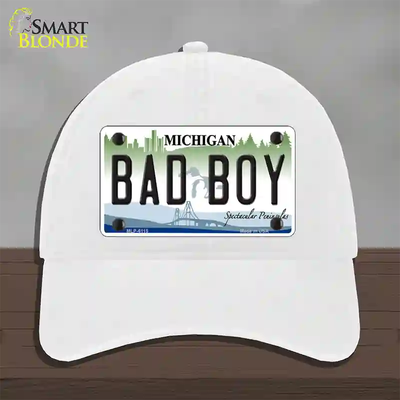 Bad Boy Michigan Novelty License Plate Hat Unconstructed Cotton / White