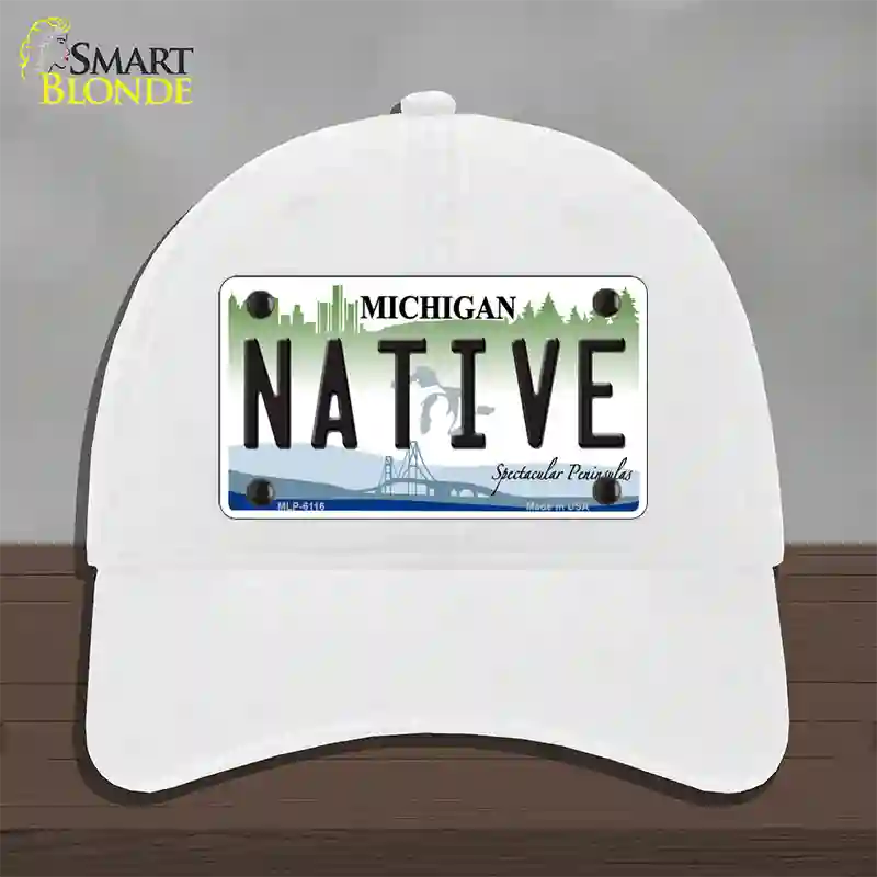 Native Michigan Novelty License Plate Hat Unconstructed Cotton / White