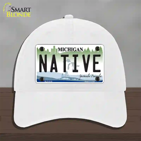 Native Michigan Novelty License Plate Hat Unconstructed Cotton / White