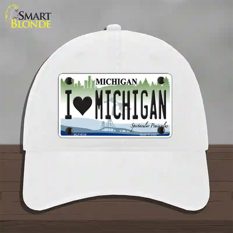 I Love Michigan Novelty License Plate Hat Unconstructed Cotton / White