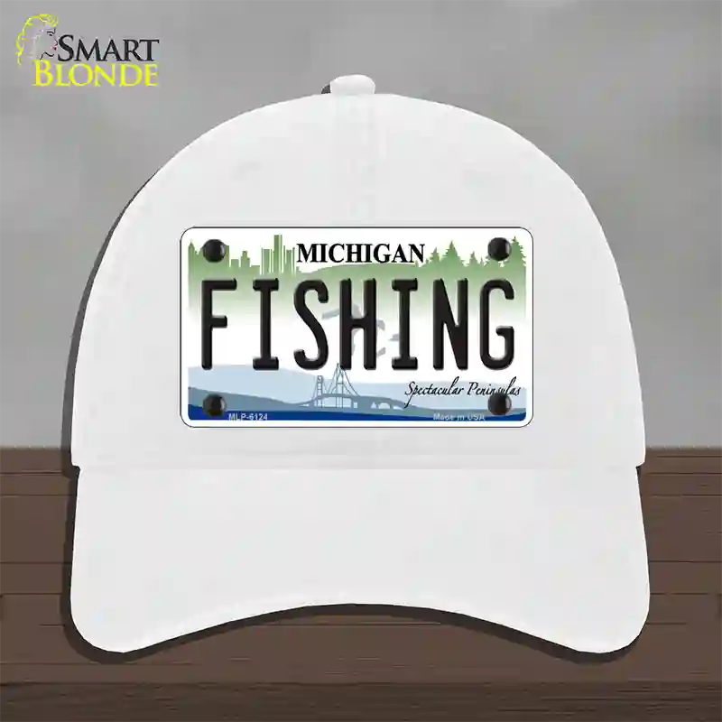 Fishing Michigan Novelty License Plate Hat Unconstructed Cotton / White