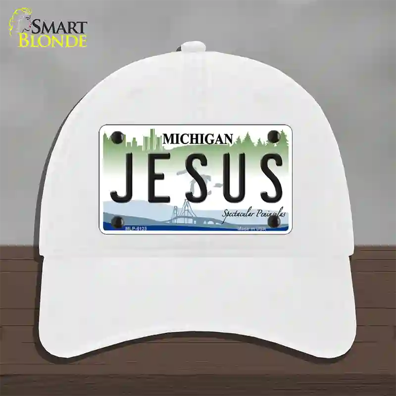 Jesus Michigan Novelty License Plate Hat Unconstructed Cotton / White