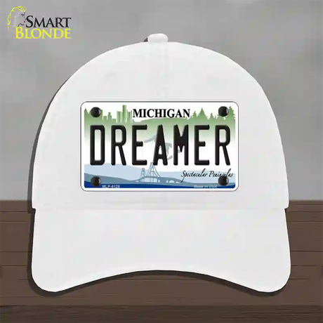 Dreamer Michigan Novelty License Plate Hat Unconstructed Cotton / White