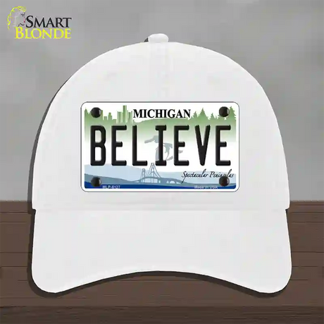 Believe Michigan Novelty License Plate Hat Unconstructed Cotton / White