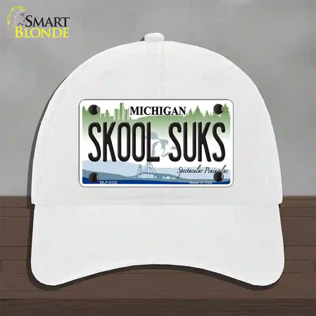 Skool Suks Michigan Novelty License Plate Hat Unconstructed Cotton / White