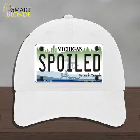 Spoiled Michigan Novelty License Plate Hat Unconstructed Cotton / White