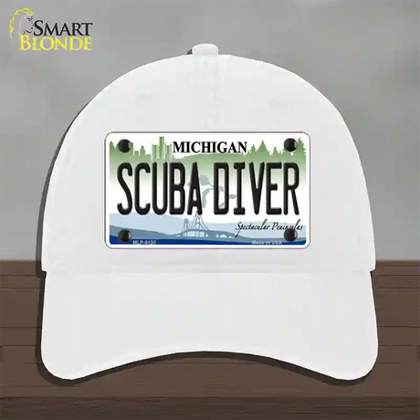 Scuba Diver Michigan Novelty License Plate Hat Unconstructed Cotton / White