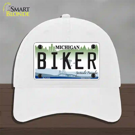 Biker Michigan Novelty License Plate Hat Unconstructed Cotton / White