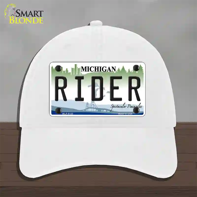 Rider Michigan Novelty License Plate Hat Unconstructed Cotton / White