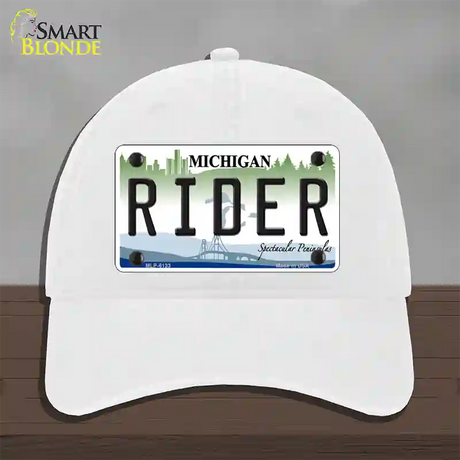 Rider Michigan Novelty License Plate Hat Unconstructed Cotton / White