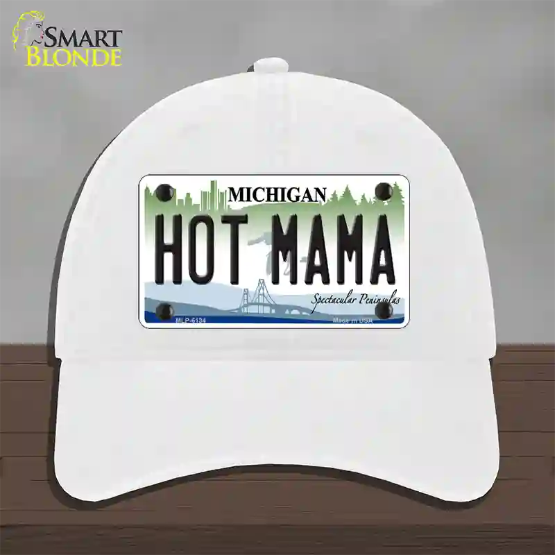 Hot Mama Michigan Novelty License Plate Hat Unconstructed Cotton / White