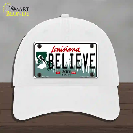 Believe Louisiana Novelty License Plate Hat Unconstructed Cotton / White