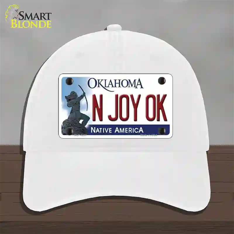 N Joy Ok Oklahoma Novelty License Plate Hat Unconstructed Cotton / White