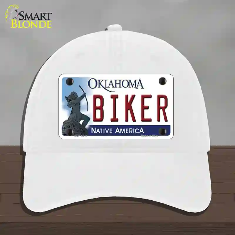 Biker Oklahoma Novelty License Plate Hat Unconstructed Cotton / White