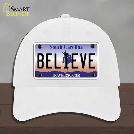 Believe South Carolina Novelty License Plate Hat Unconstructed Cotton / White