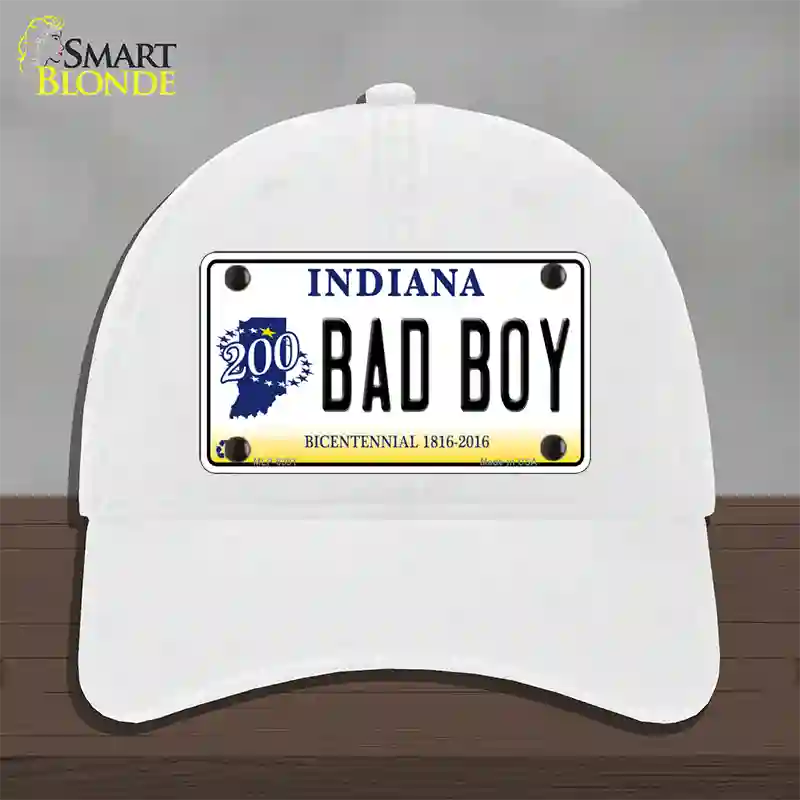 Bad Boy Indiana Novelty License Plate Hat Unconstructed Cotton / White