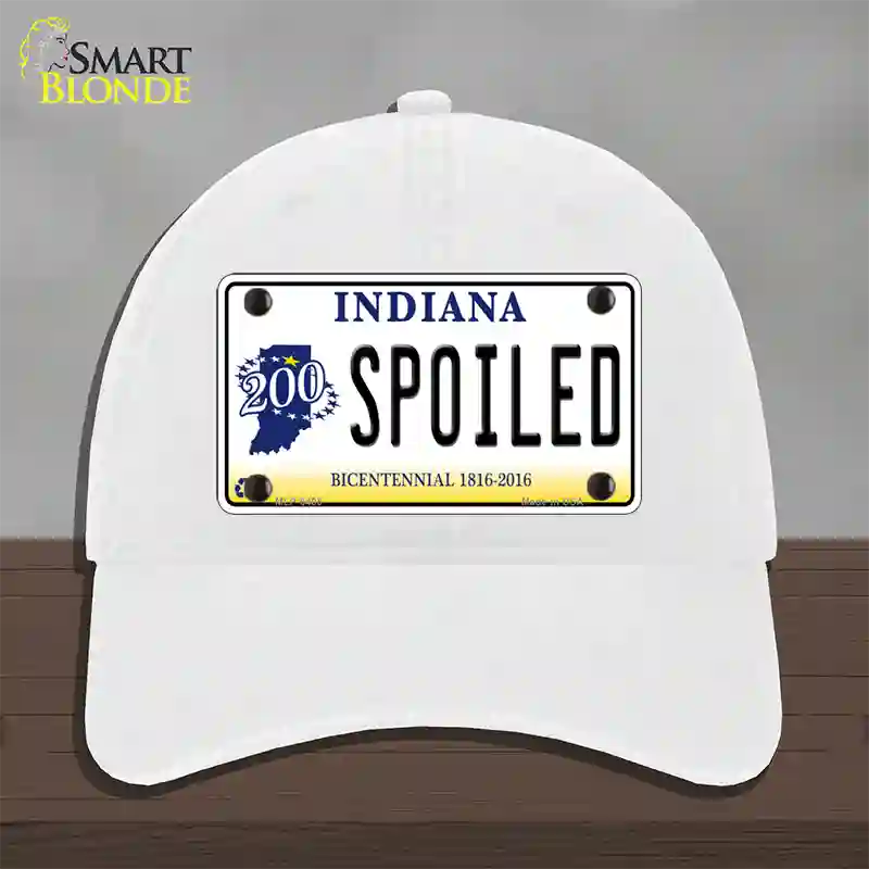 Spoiled Indiana Novelty License Plate Hat Unconstructed Cotton / White