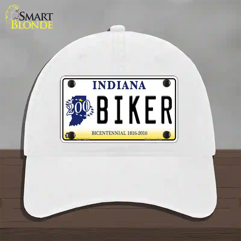 Biker Indiana Novelty License Plate Hat Unconstructed Cotton / White