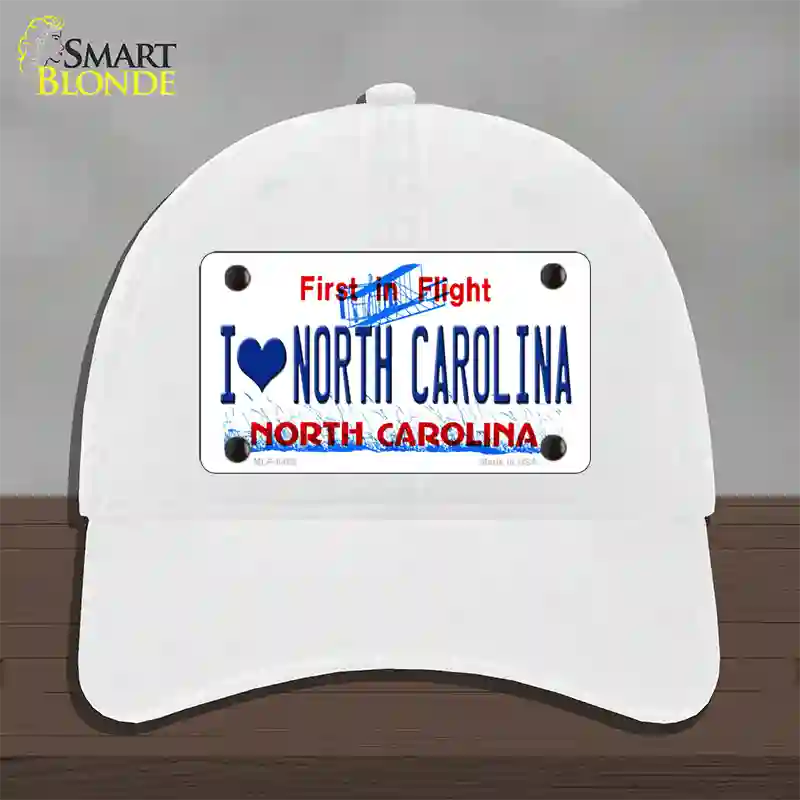 I Love North Carolina Novelty License Plate Hat Unconstructed Cotton / White