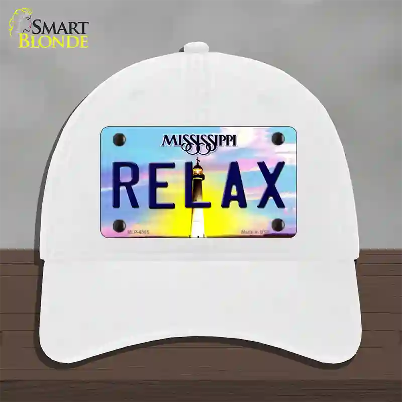 Relax Mississippi Novelty License Plate Hat Unconstructed Cotton / White