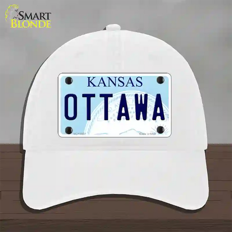 Ottawa Kansas Novelty License Plate Hat Unconstructed Cotton / White