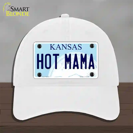 Hot Mama Kansas Novelty License Plate Hat Unconstructed Cotton / White