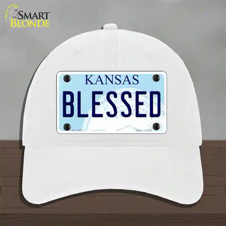 Blessed Kansas Novelty License Plate Hat Unconstructed Cotton / White