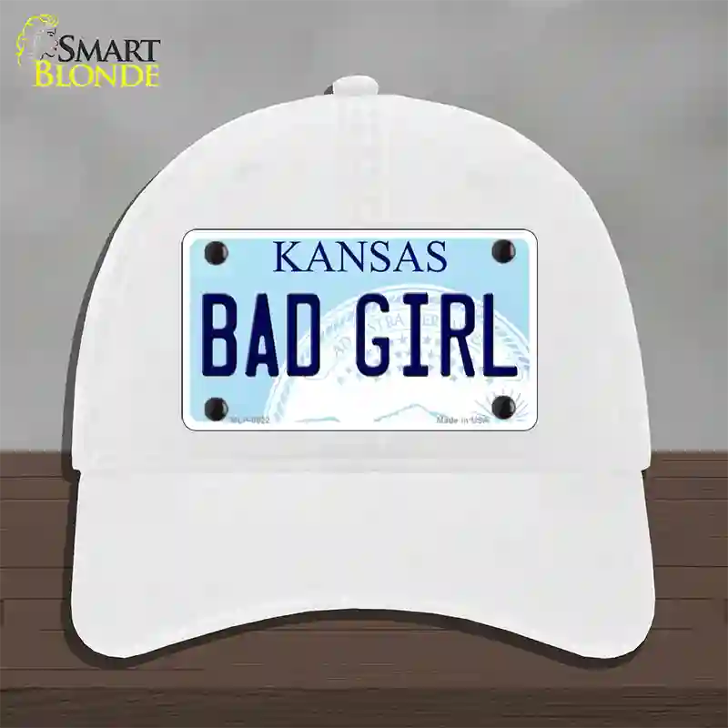 Bad Girl Kansas Novelty License Plate Hat Unconstructed Cotton / White